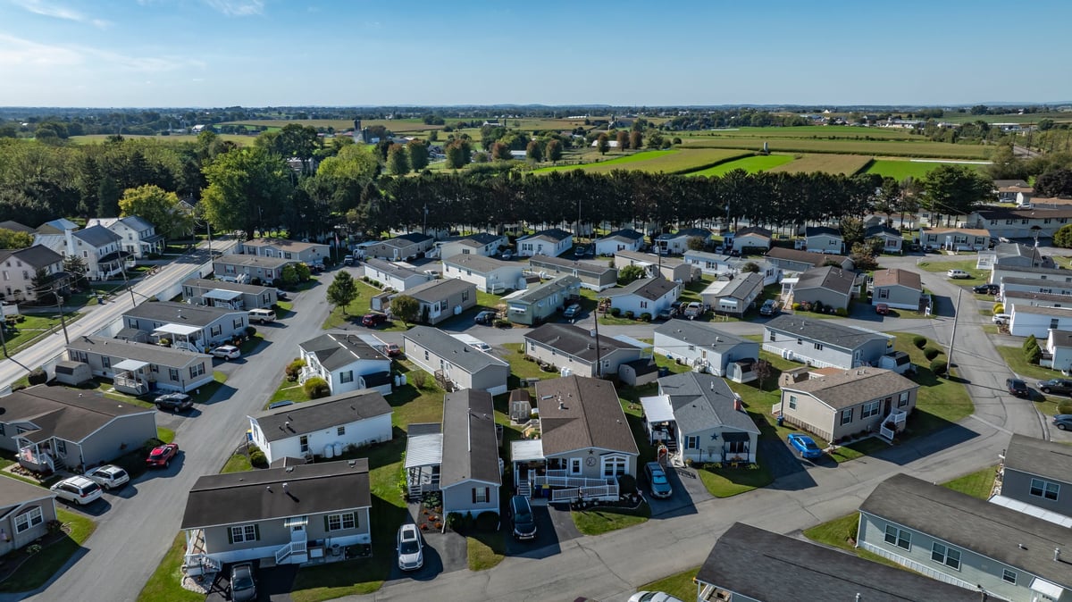 Neat rows of modular and manufactured homes in a planned community